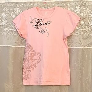 NWOT Baby Pink Cotton Stretch T-shirt, Bronze "LOVE" Print, L/XL